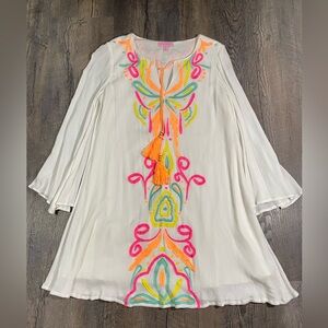 LILLY PULITZER  Ellie Tunic Dress Resort White Neon Embroidery Tassels B…
